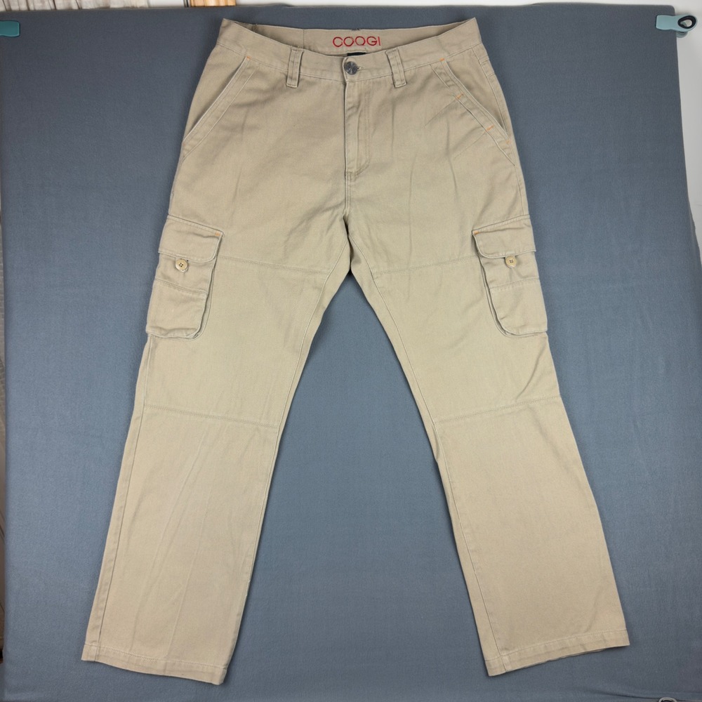 Coogi Mens Khaki Cargo Pants 36x34 Straight Leg Embroidered Logo Cotton Twill